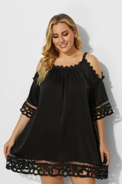 Black Crochet Off The Shoulder Cover Up Dress -Luna Marina Store b sfcu001 4