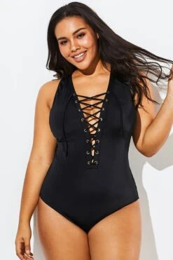 Black Lace Up One Piece Open Back Swimsuit 10 Black Lace Up One Piece Open Back Swimsuit -Luna Marina Store b sfop1911058 1