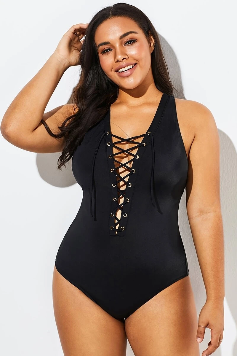 Black Lace Up One Piece Open Back Swimsuit 3 Black Lace Up One Piece Open Back Swimsuit