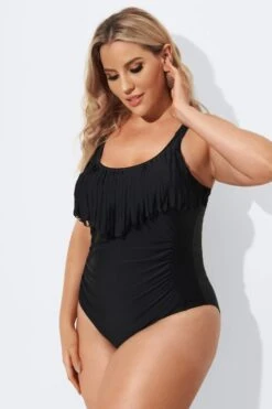 Black V-Neck Fringe Vintage One Piece Swimsuits -Luna Marina Store b sfop2003075 3