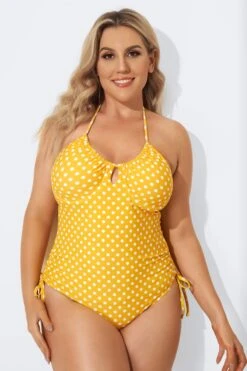 Yellow Self-Tie Halter Dot One Piece Swimsuit -Luna Marina Store b sfop2003088 3