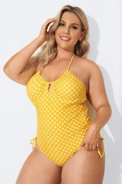 Yellow Self-Tie Halter Dot One Piece Swimsuit -Luna Marina Store b sfop2003088 4