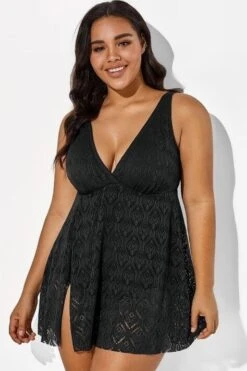 Black Crochet Side Slit V-Neck Graceful Swimdress 9 Black Crochet Side Slit V-Neck Graceful Swimdress -Luna Marina Store b sfsd1911001 1