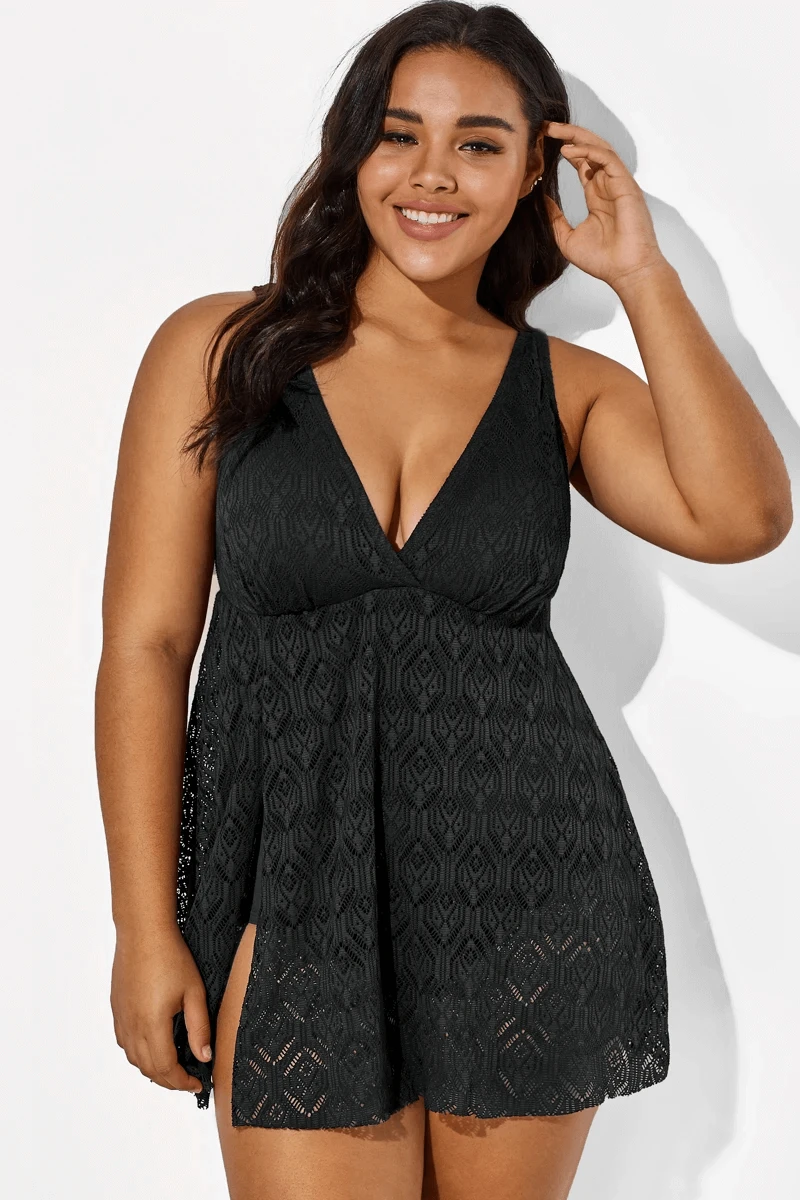 Black Crochet Side Slit V-Neck Graceful Swimdress 3 Black Crochet Side Slit V-Neck Graceful Swimdress