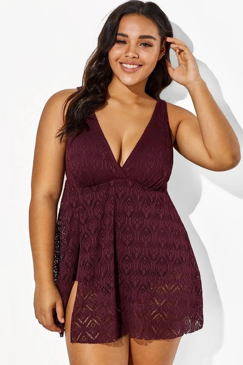 Wine Crochet Side Slit V-Neck Graceful Swimdress 5 Wine Crochet Side Slit V-Neck Graceful Swimdress - Image 3