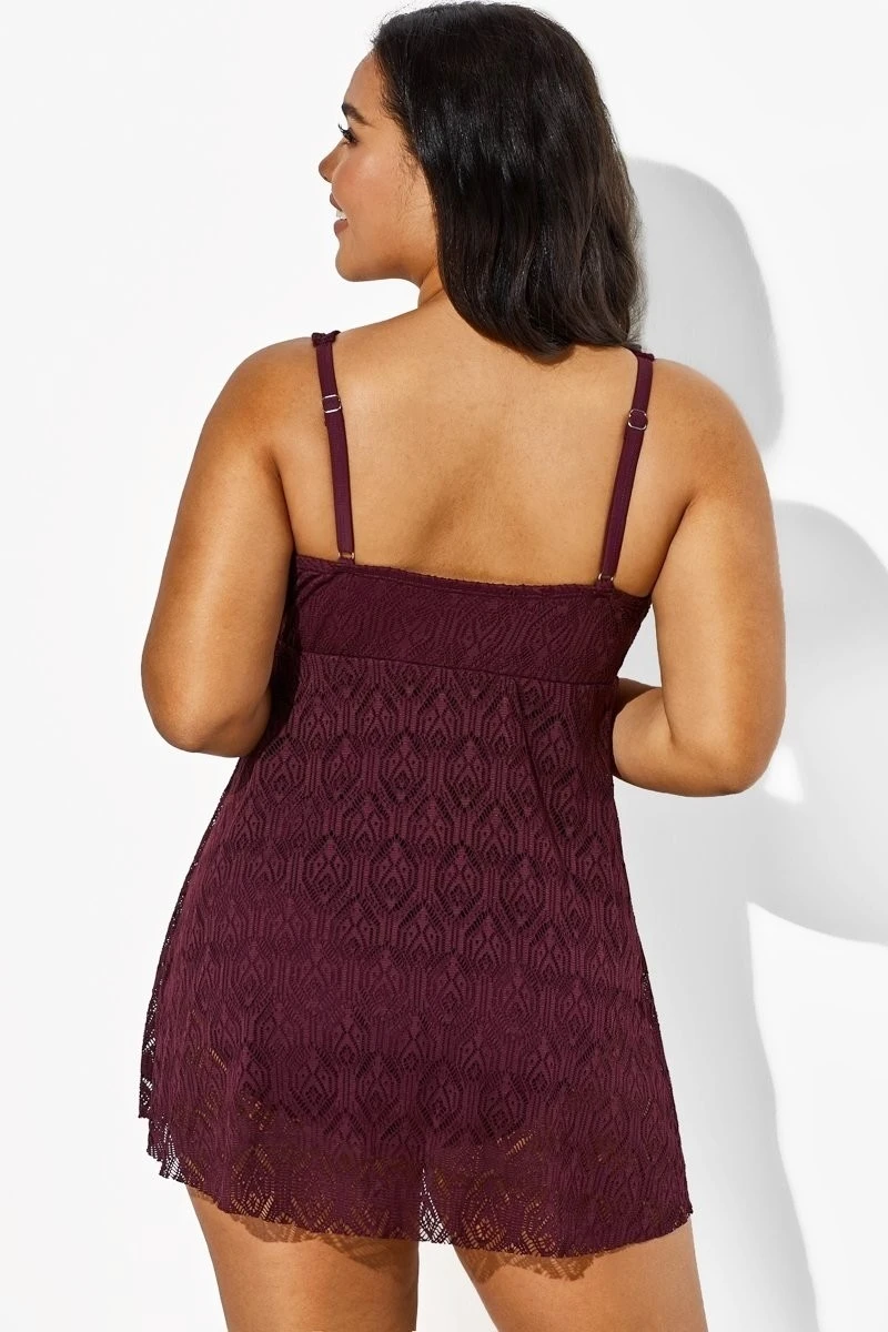 Wine Crochet Side Slit V-Neck Graceful Swimdress 4 Wine Crochet Side Slit V-Neck Graceful Swimdress - Image 2