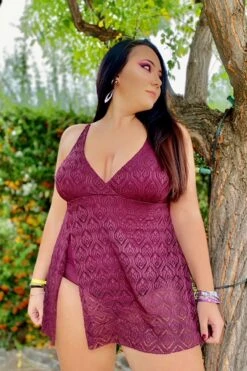 Wine Crochet Side Slit V-Neck Graceful Swimdress 15 Wine Crochet Side Slit V-Neck Graceful Swimdress -Luna Marina Store b sfsd1911005 7 1