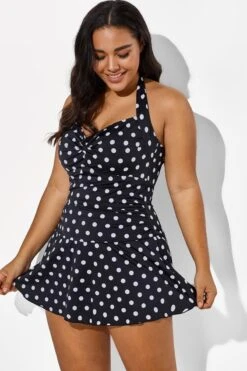 Black Halter Sweetheart Polka Dot Sexy Swimdress