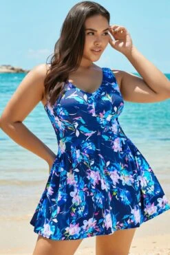 Blue V-neck Elegant Flower Swimdress For Lady -Luna Marina Store b sfsd1911047 4
