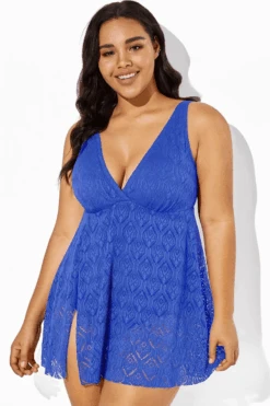 Blue Crochet Side Slit V-Neck Graceful Swimdress 9 Blue Crochet Side Slit V-Neck Graceful Swimdress -Luna Marina Store b sfsd1911064 3