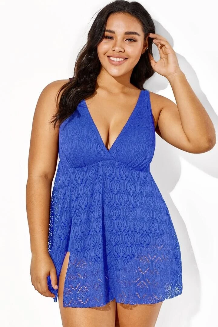 Blue Crochet Side Slit V-Neck Graceful Swimdress 5 Blue Crochet Side Slit V-Neck Graceful Swimdress - Image 3