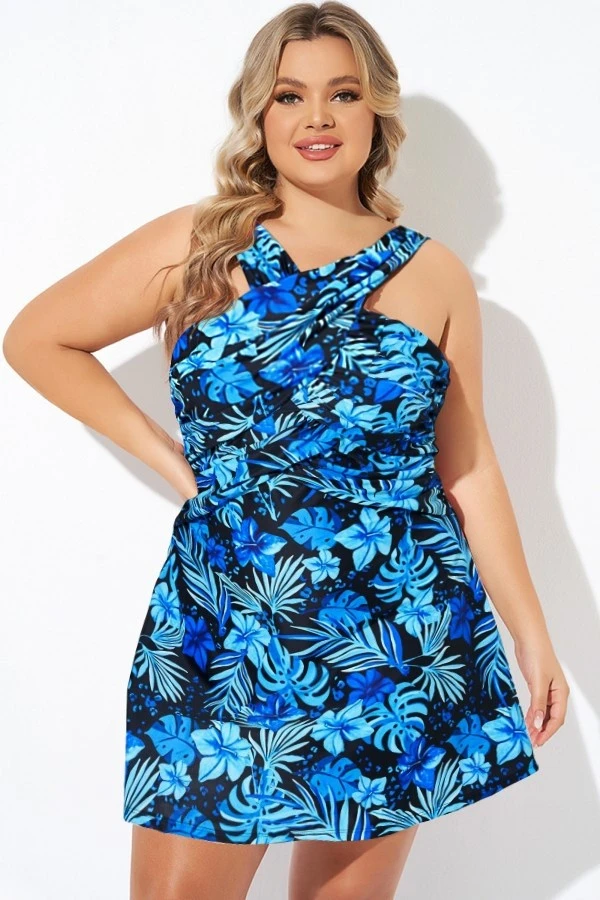 Blue Floral Printed High Neck Wrap Swimdress 5 Blue Floral Printed High Neck Wrap Swimdress - Image 3