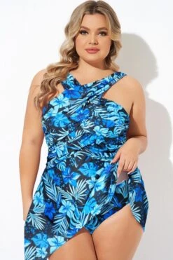 Blue Floral Printed High Neck Wrap Swimdress 9 Blue Floral Printed High Neck Wrap Swimdress -Luna Marina Store b sfsd2003011 44