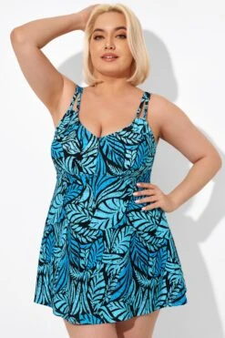 Blue Leaves Printed V-neck Women Swimdress -Luna Marina Store b sfsd2003046 4