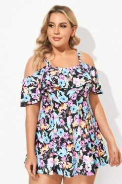 Floral Printed Off-the-Shoulder Flounce Swimdress 9 Floral Printed Off-the-Shoulder Flounce Swimdress -Luna Marina Store b sfsd2003054 4