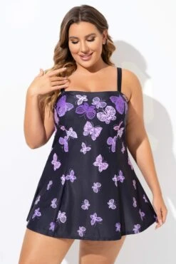 Elegant Ombre Butterfly Print Square Neck Swimdress