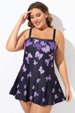 Elegant Ombre Butterfly Print Square Neck Swimdress -Luna Marina Store b sfsd2003133 6