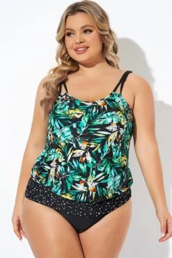 Green Leaf Adjustable Straps Blouson Tankini Top