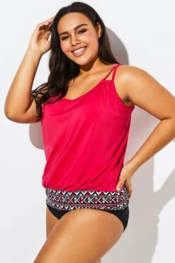 Women Red Loop Strap Blouson Tankini Top 11 Women Red Loop Strap Blouson Tankini Top -Luna Marina Store b sftan1911017 4