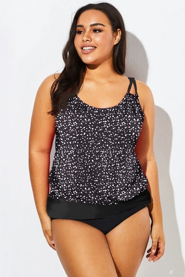 Black White Dot Loop Strap Blouson Tankini Top 3 Black White Dot Loop Strap Blouson Tankini Top