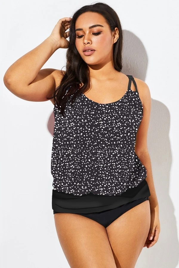 Black White Dot Loop Strap Blouson Tankini Top 8 Black White Dot Loop Strap Blouson Tankini Top - Image 6