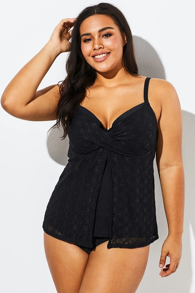 Black Faux Flyaway Flowy Twist Front Tankini Set 3 Black Faux Flyaway Flowy Twist Front Tankini Set