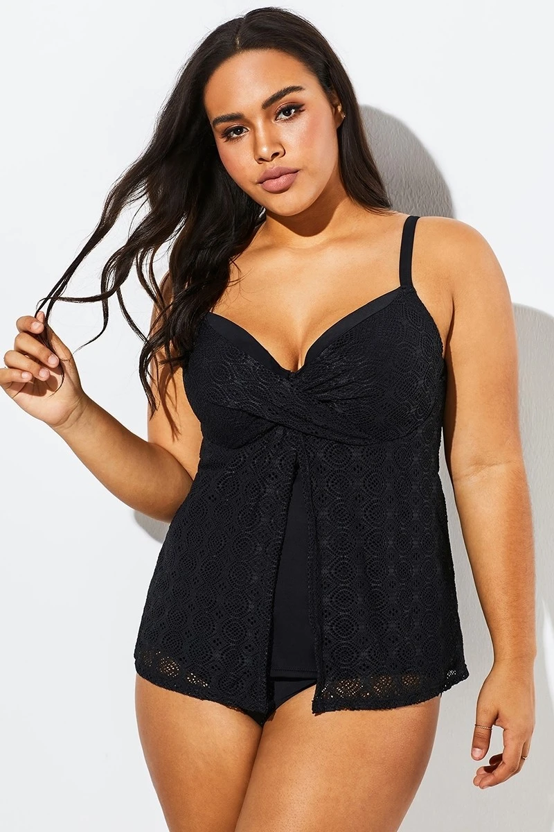 Black Faux Flyaway Flowy Twist Front Tankini Set 5 Black Faux Flyaway Flowy Twist Front Tankini Set - Image 3