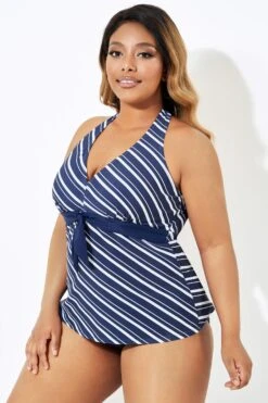 Blue & White Stripe Self-tie Halter Straps Tankini Top -Luna Marina Store b sftan1911180 3