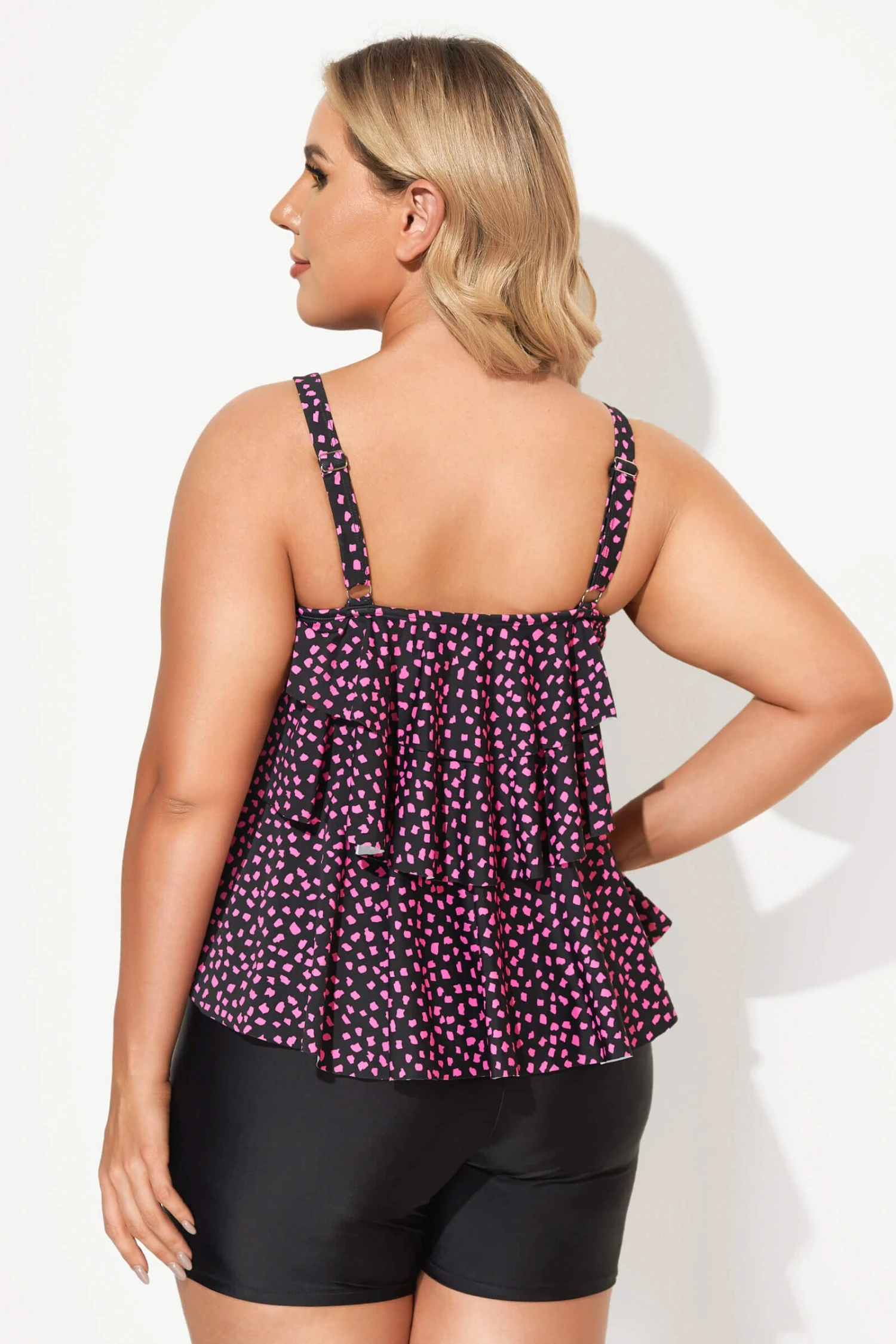 Black Pink Dot Tiered-Ruffle Tankini Set 5 Black Pink Dot Tiered-Ruffle Tankini Set - Image 3
