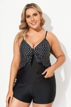 Black Dots Sweetheart Neck Tie Front Tankini Top -Luna Marina Store b sftan2003149 2