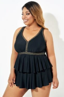 Black Gold Trim V-Neck Ruffle Tankini Top -Luna Marina Store b sftan2003165 4