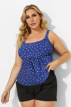 Blue Scoopneck Adjustable Straps Purple Dot Tankini Top -Luna Marina Store b sftan2003237 44