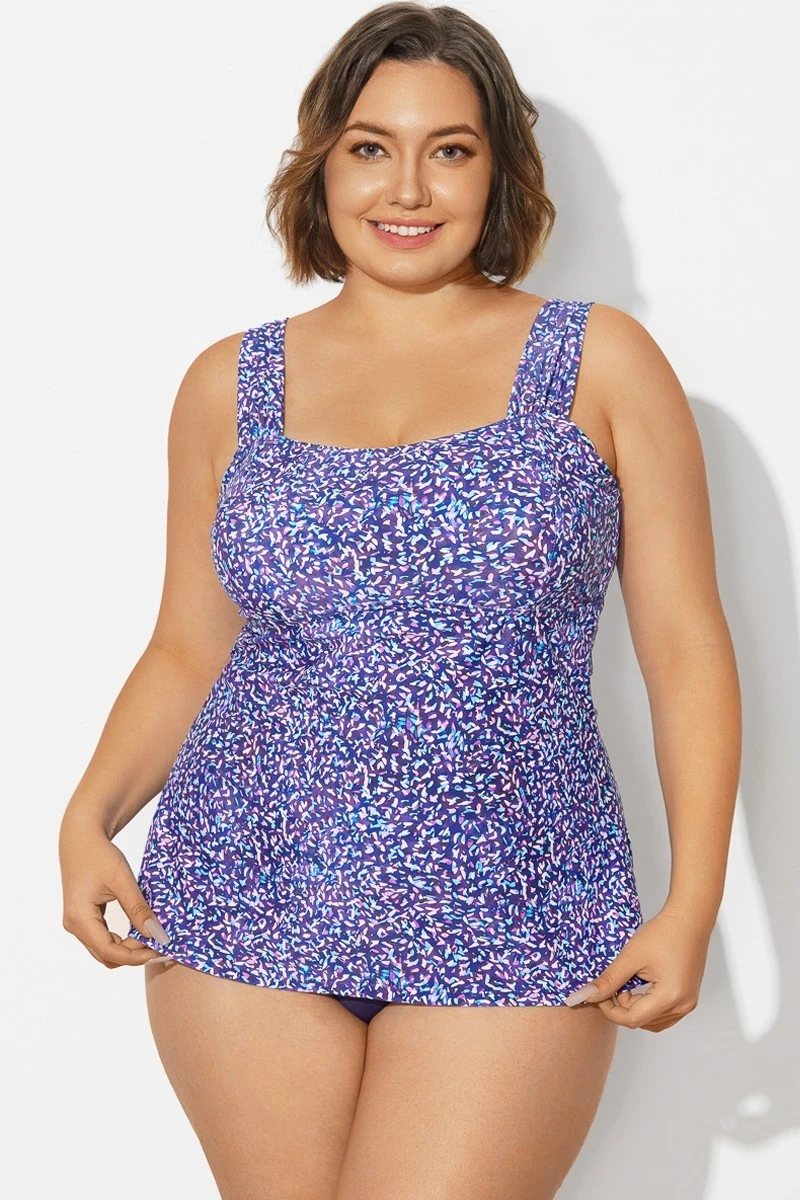 Blue Wide Straps Tie-Back White Speckle Tankini Top 3 Blue Wide Straps Tie-Back White Speckle Tankini Top
