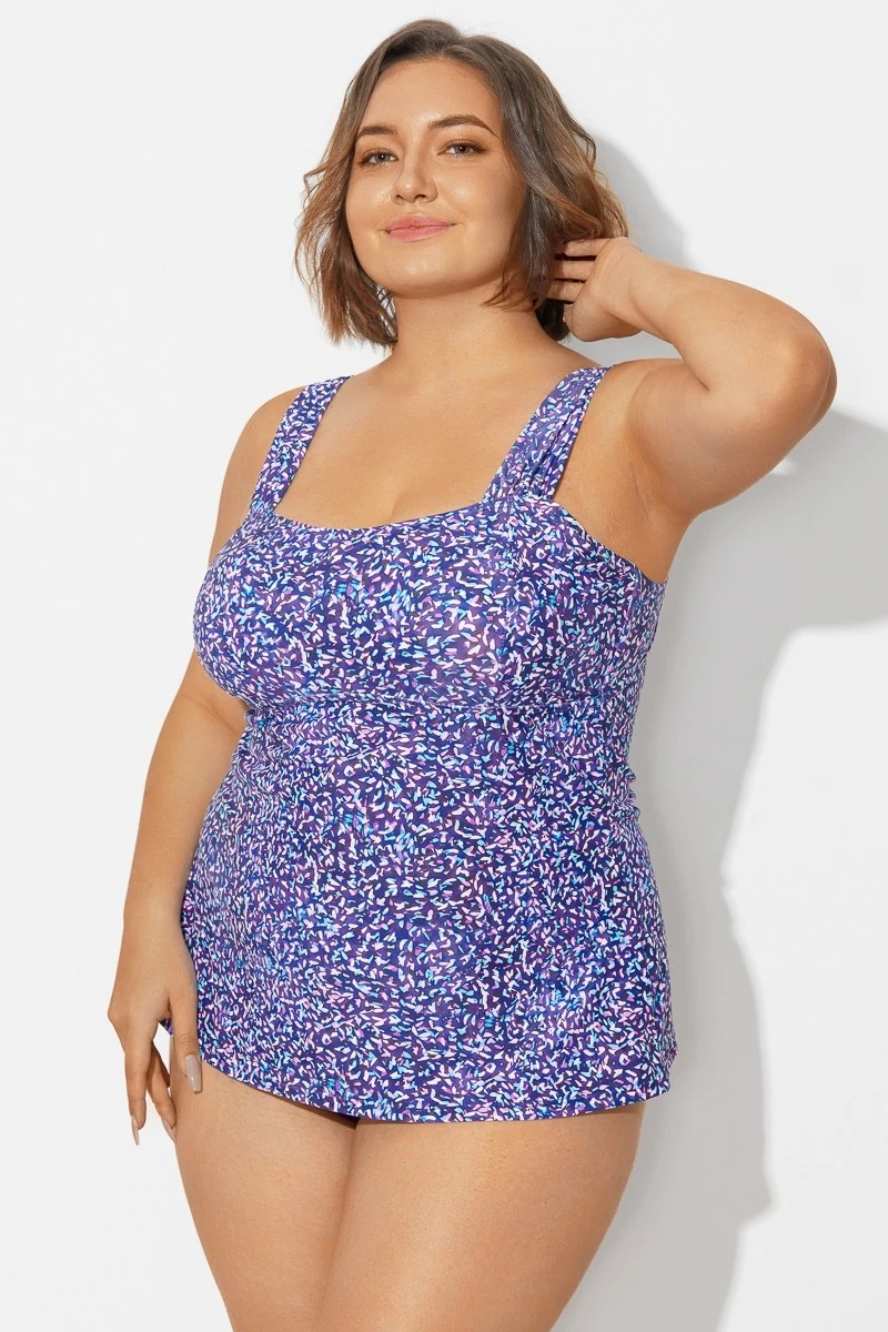 Blue Wide Straps Tie-Back White Speckle Tankini Top 7 Blue Wide Straps Tie-Back White Speckle Tankini Top - Image 5