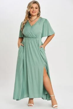 Green Flutter Sleeve Pocket Split Women Maxi Dress -Luna Marina Store c sd001003 6