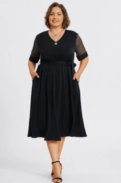 Solid V-Neck Mesh Patchwork Pocket Belted Maxi Dress -Luna Marina Store c sd001005 3