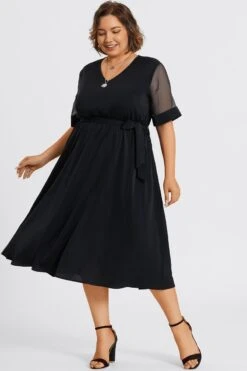 Solid V-Neck Mesh Patchwork Pocket Belted Maxi Dress -Luna Marina Store c sd001005 4