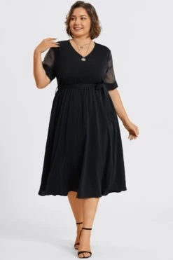 Solid V-Neck Mesh Patchwork Pocket Belted Maxi Dress -Luna Marina Store c sd001005 5