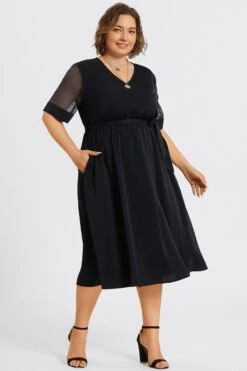 Solid V-Neck Mesh Patchwork Pocket Belted Maxi Dress -Luna Marina Store c sd001005 6