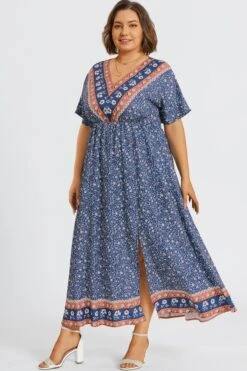 Floral Print V-Neck Half Sleeve Pocket Split Maxi Dress