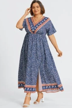 Floral Print V-Neck Half Sleeve Pocket Split Maxi Dress 12 Floral Print V-Neck Half Sleeve Pocket Split Maxi Dress -Luna Marina Store c sd001006 5