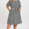 Striped Elasticized Waistband Slit Pocket Shirtdress -Luna Marina Store c sd003001 1