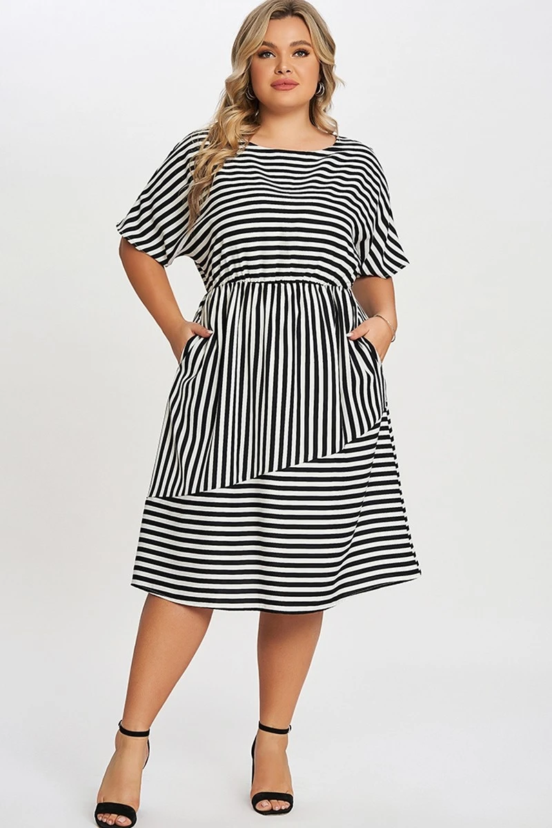 Striped Elasticized Waistband Slit Pocket Shirtdress 3 Striped Elasticized Waistband Slit Pocket Shirtdress