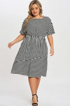 Striped Elasticized Waistband Slit Pocket Shirtdress 11 Striped Elasticized Waistband Slit Pocket Shirtdress -Luna Marina Store c sd003001 4