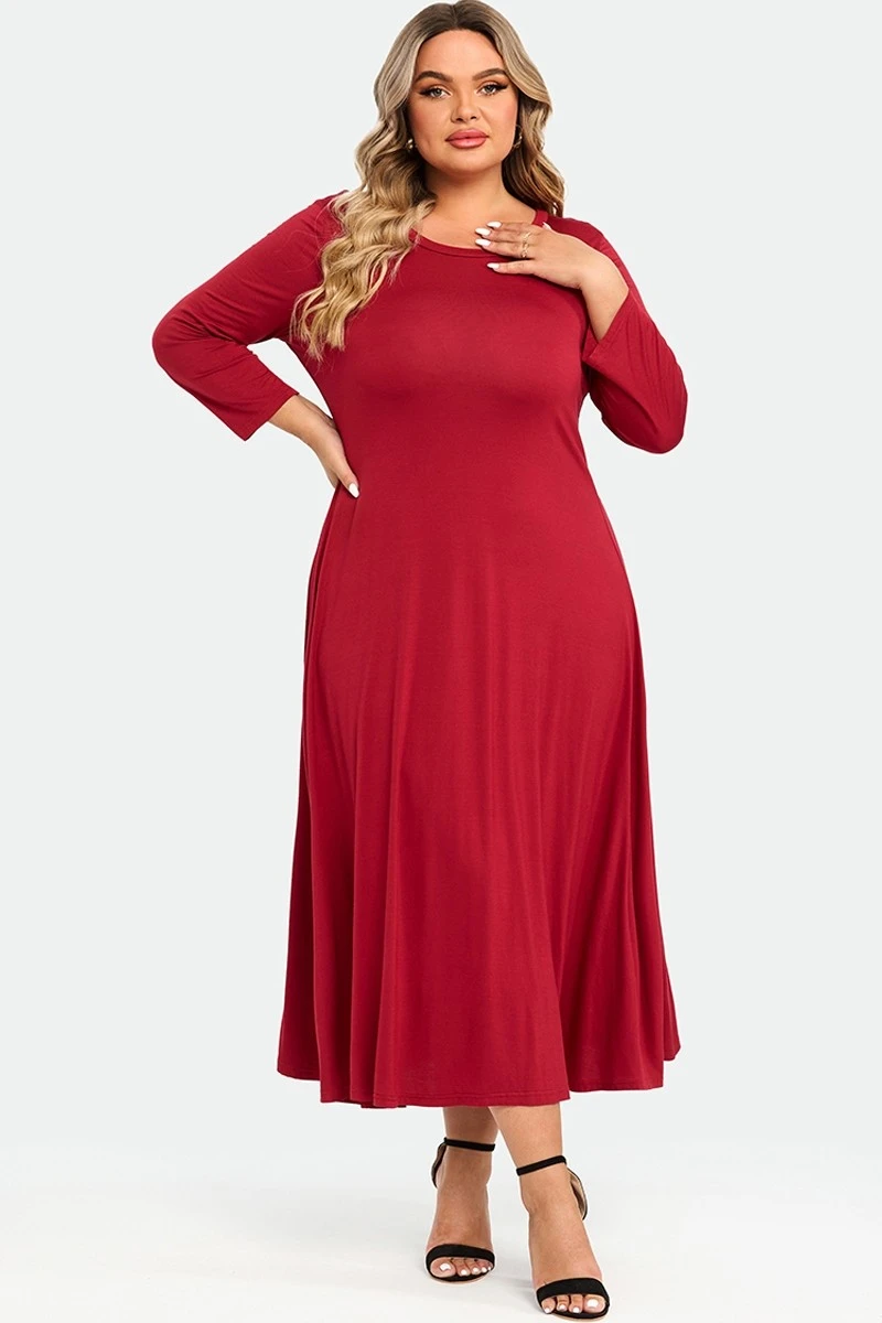 Red Comfy 3/4 Sleeve Flare A-line Midi Long Maxi Dress 3 Red Comfy 3/4 Sleeve Flare A-line Midi Long Maxi Dress