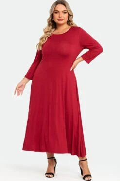 Red Comfy 3/4 Sleeve Flare A-line Midi Long Maxi Dress 10 Red Comfy 3/4 Sleeve Flare A-line Midi Long Maxi Dress -Luna Marina Store c sd004001 3