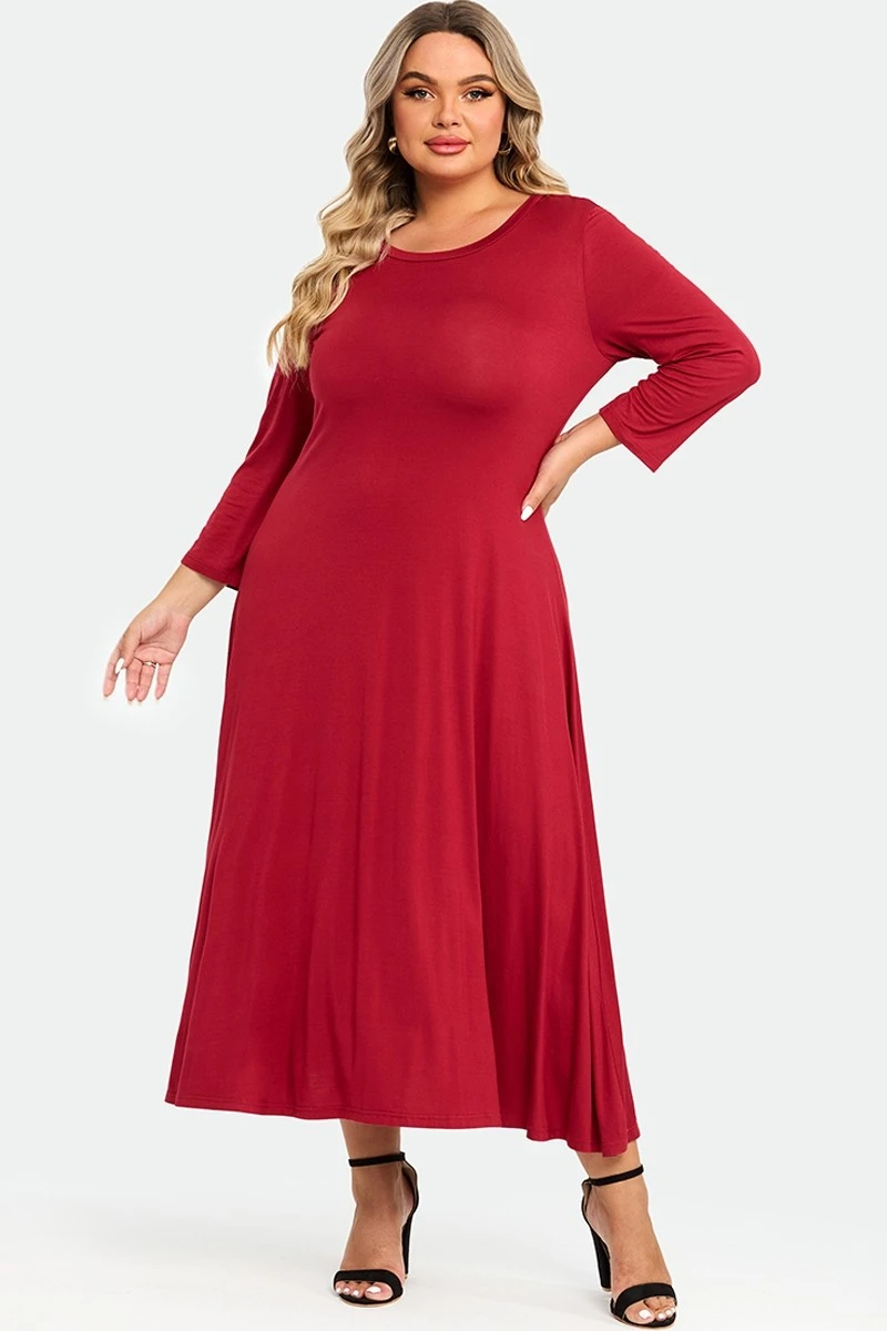 Red Comfy 3/4 Sleeve Flare A-line Midi Long Maxi Dress 5 Red Comfy 3/4 Sleeve Flare A-line Midi Long Maxi Dress - Image 3