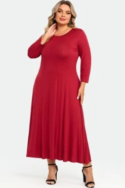 Red Comfy 3/4 Sleeve Flare A-line Midi Long Maxi Dress 12 Red Comfy 3/4 Sleeve Flare A-line Midi Long Maxi Dress -Luna Marina Store c sd004001 4