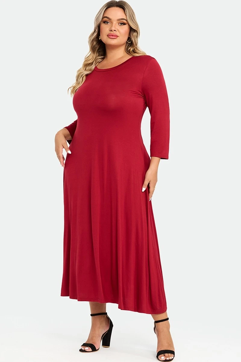 Red Comfy 3/4 Sleeve Flare A-line Midi Long Maxi Dress 6 Red Comfy 3/4 Sleeve Flare A-line Midi Long Maxi Dress - Image 4
