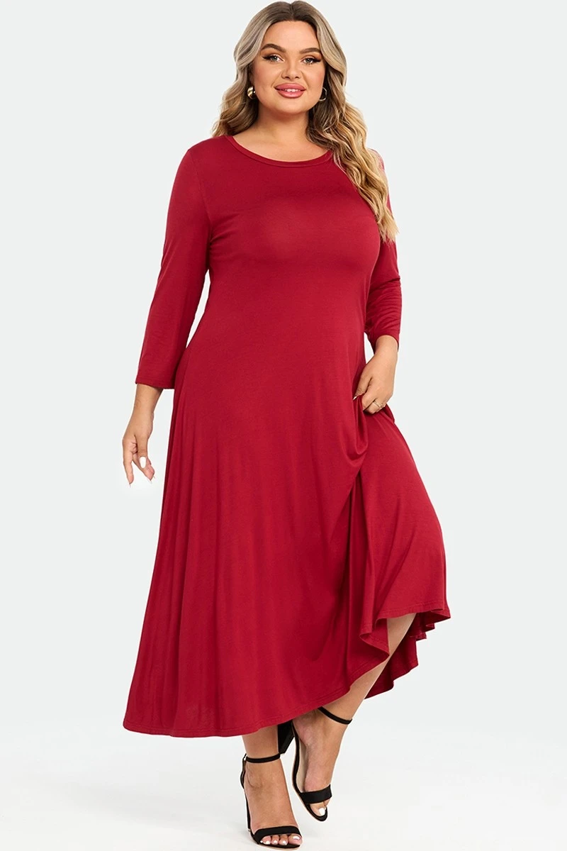 Red Comfy 3/4 Sleeve Flare A-line Midi Long Maxi Dress 8 Red Comfy 3/4 Sleeve Flare A-line Midi Long Maxi Dress - Image 6